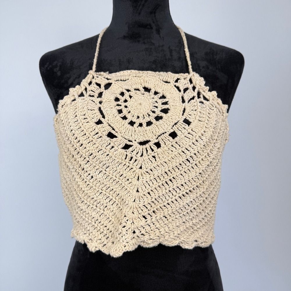 B.O.G Collective Crochet Crop Halter Top Womens Medium Wheat Beige Boho Festival